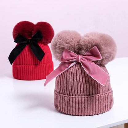 Double Plush Ball Kids Thickened Knit Bow Hat