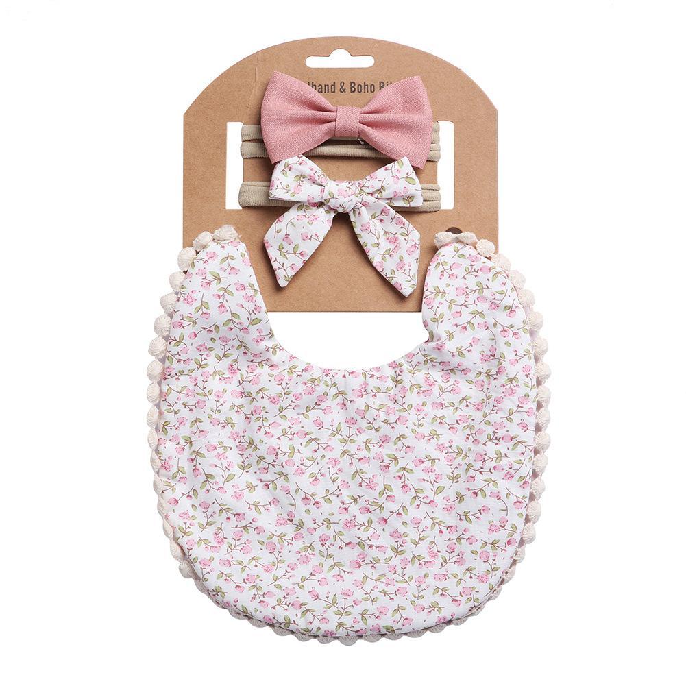 Linen Cotton Printed Baby Towel Bib Headband Set