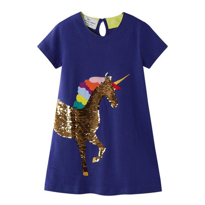 Thermochromic Sequin one horned horse short sleeved girls dress