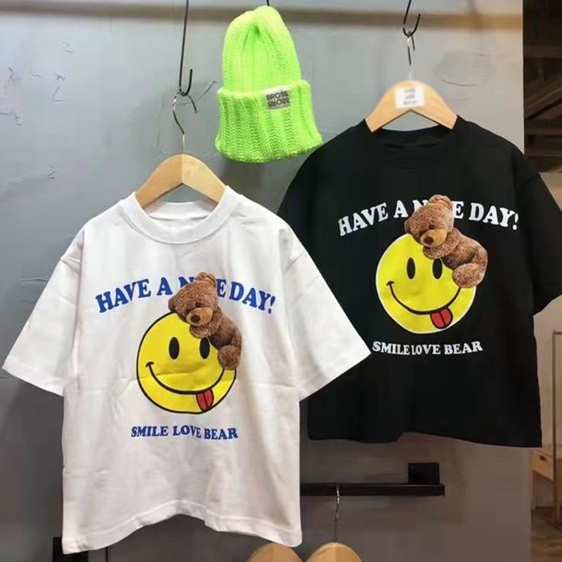 Smiling face round neck cotton T-shirt 3-8 years old children