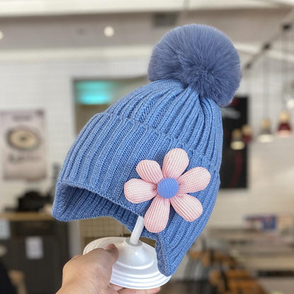 Children's Warm Thickened Knitted Flower Hat Scarf Suit
