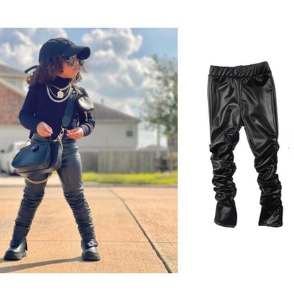Girl's Pants Pleated Leather Pants Faux Leather