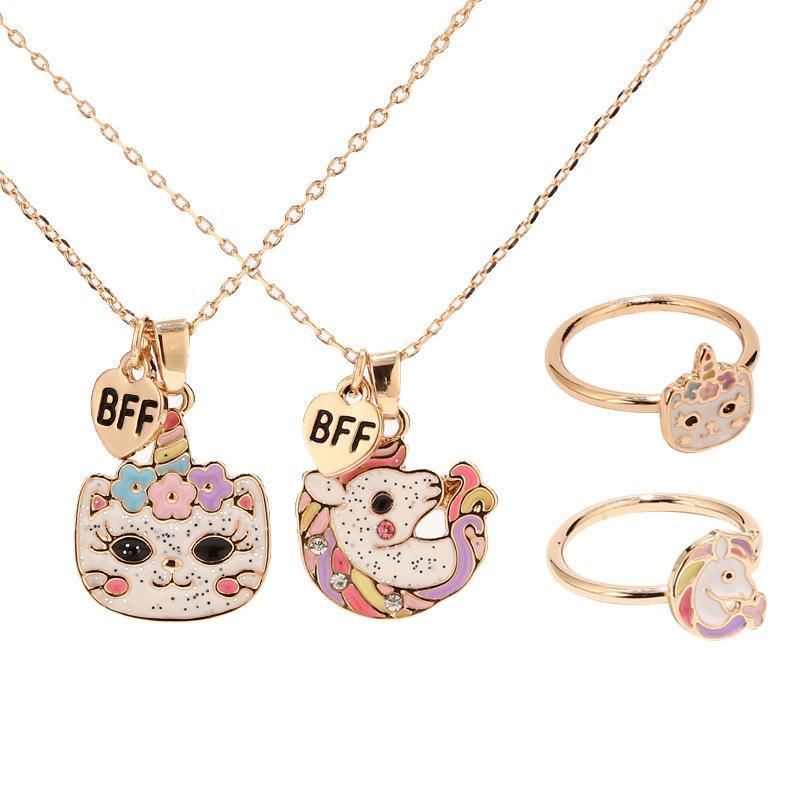 Children's Unicorn Cat Necklace Pendant Ring Set