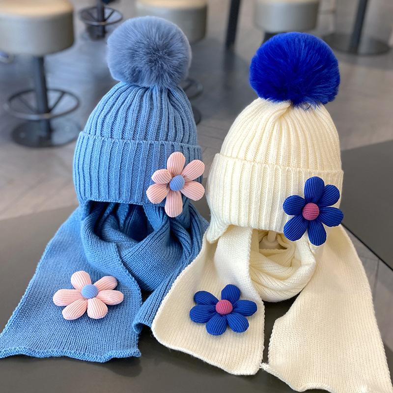 Children's Warm Thickened Knitted Flower Hat Scarf Suit