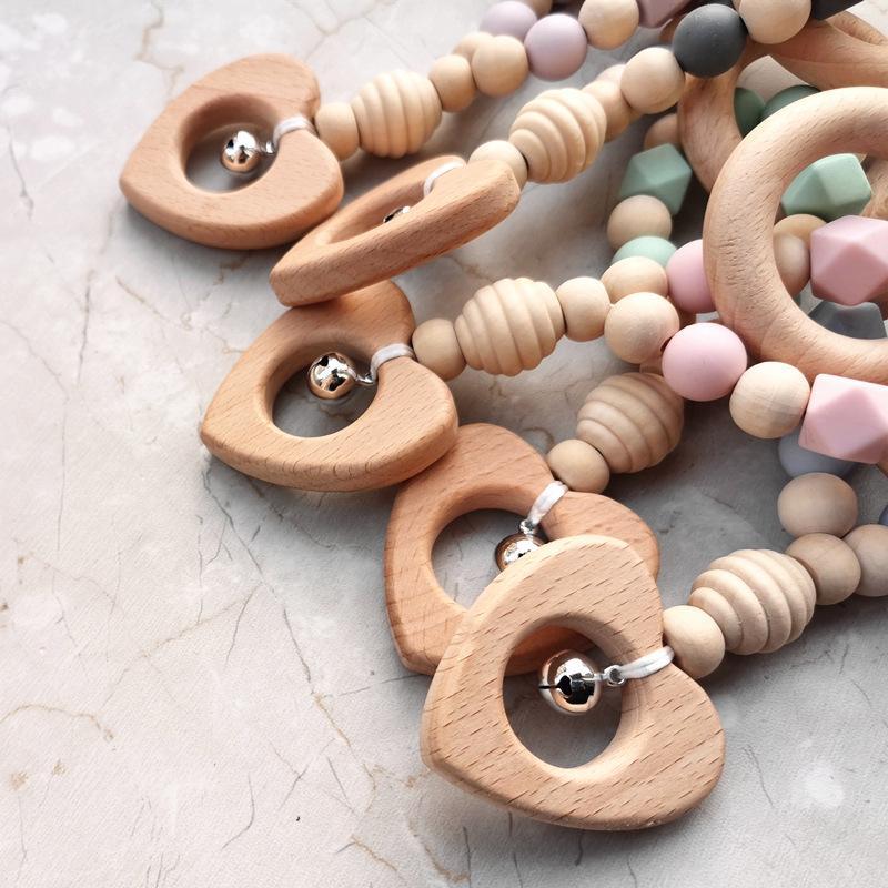 Hand-made Silicone Beech Wood Baby Teether Toy with Bell