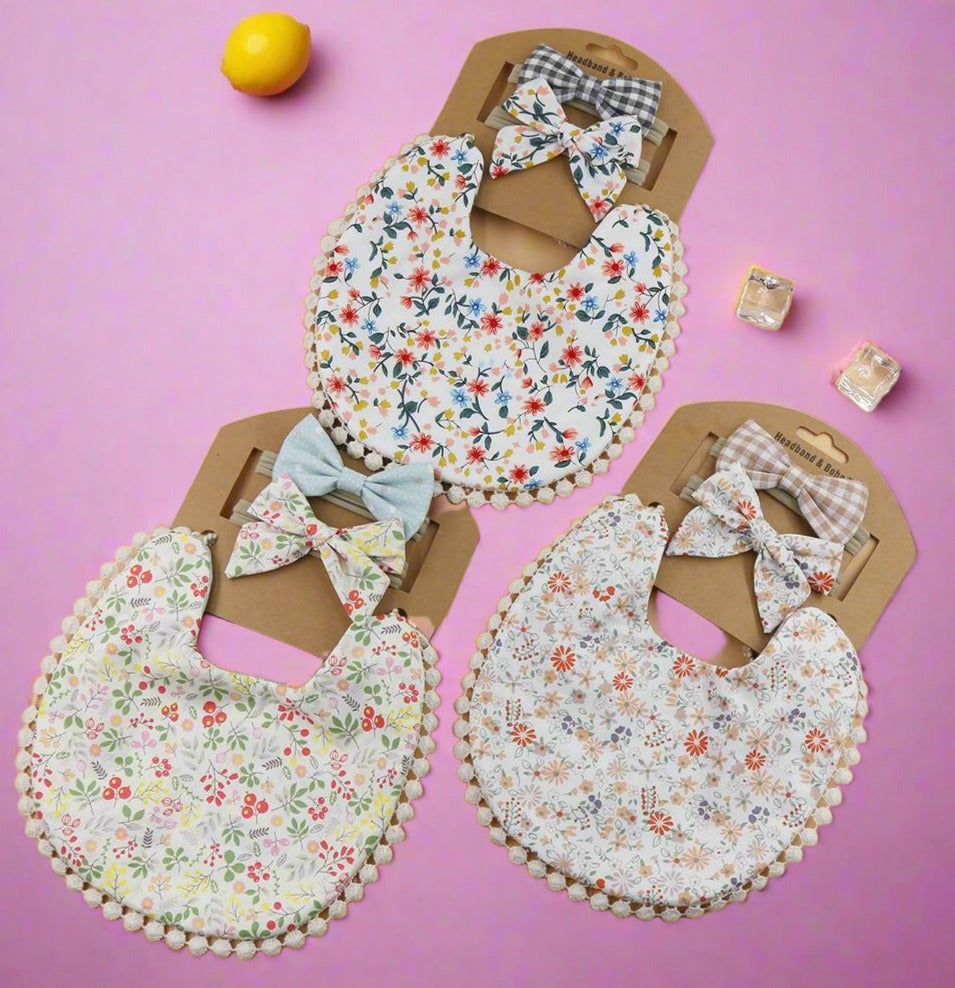 Plaid Printed Baby Triangle Towel Bib Headband Set