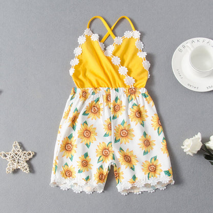 Suspender printed Jumpsuit backless Jumpsuit sunflower sunflower climbing suit
