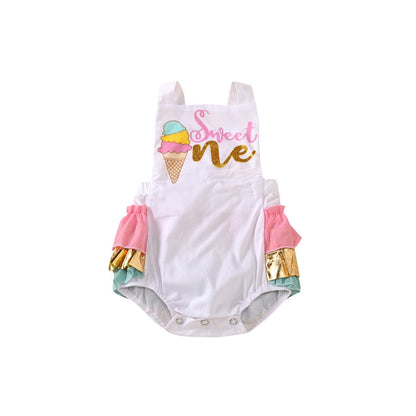 Suspender backless letter printed ice cream color Jumpsuit