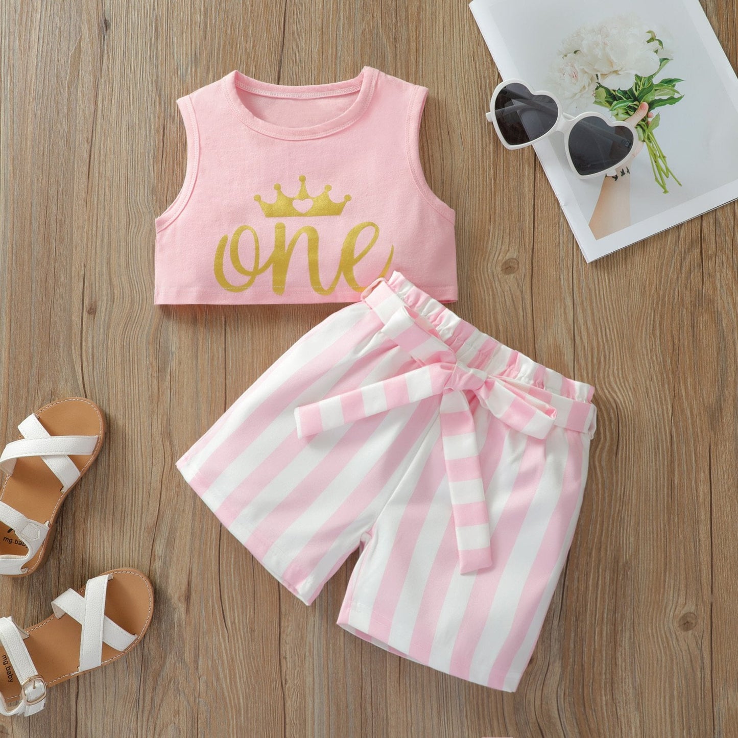 Solid color letter printed vest short shirt fashion stripe bow two piece set