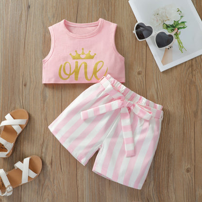 Solid color letter printed vest short shirt fashion stripe bow two piece set