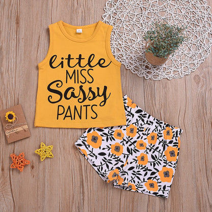 Sleeveless vest chrysanthemum sun printed shorts two piece set