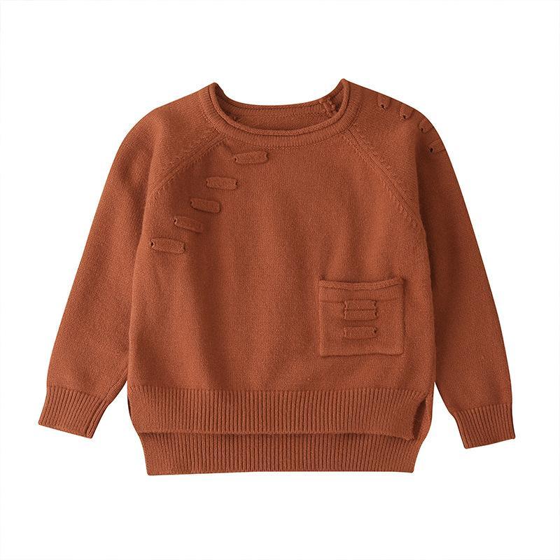 Children's Wear Solid Color Knit Pocket Sweater