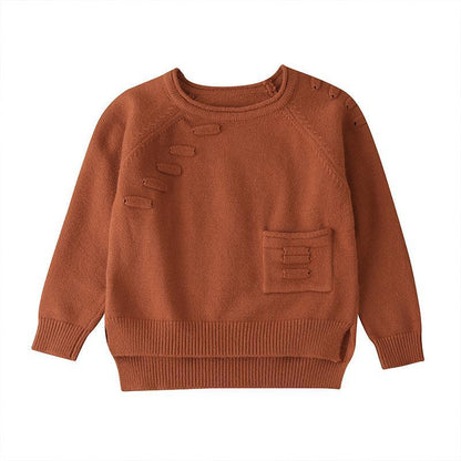 Children's Wear Solid Color Knit Pocket Sweater