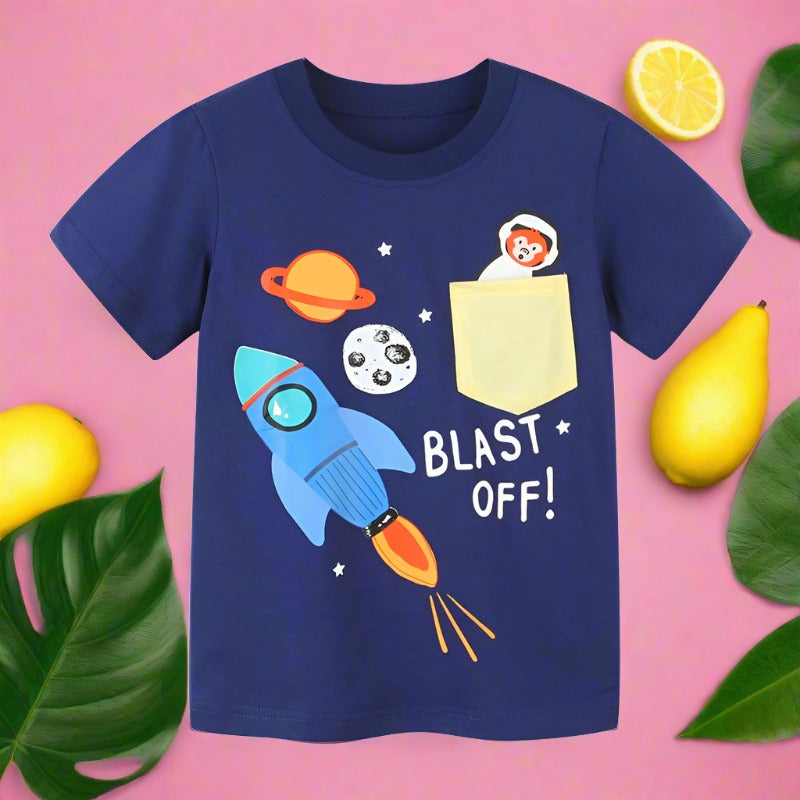 Boys' T-shirt cartoon round neck pocket children's T-shirt