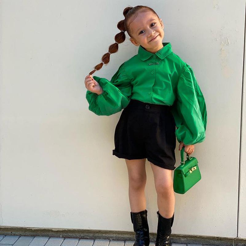 Girls Shirt Long Sleeve Lantern Sleeve Shorts Set