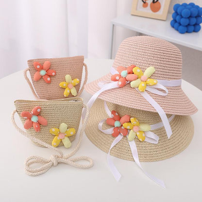 Trendy Flower Streamer Children's Straw Hat Bag Set