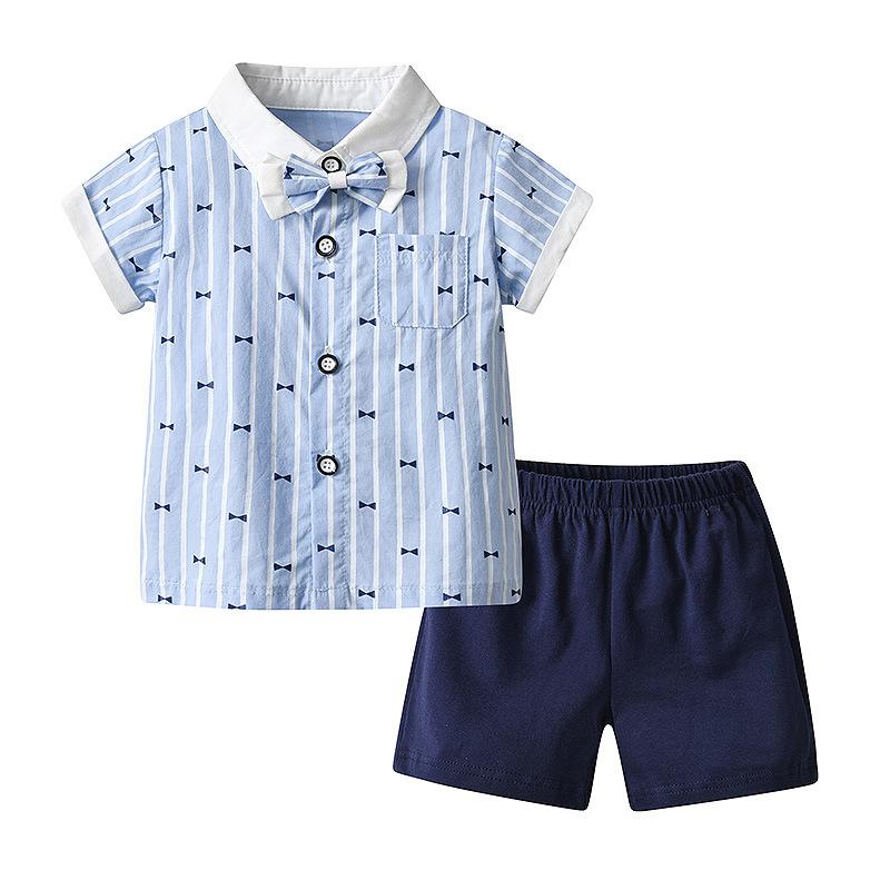 Stripe Lapel short sleeve shirt gentleman bow tie two piece set