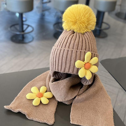 Children's Warm Thickened Knitted Flower Hat Scarf Suit