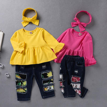 Solid color long sleeved shirt sun printed denim perforated pants hair band three piece set