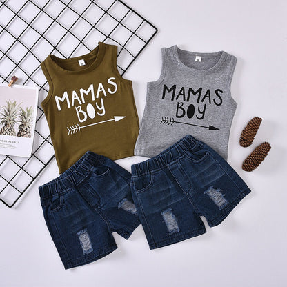 Sleeveless letter top washed hole denim shorts