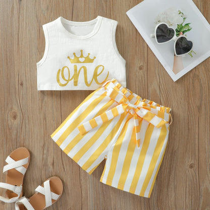Solid color letter printed vest short shirt fashion stripe bow two piece set