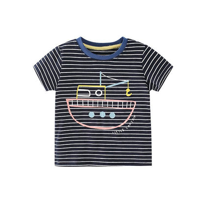 Children's handsome stripe cartoon cotton short sleeve round neck T-shirt