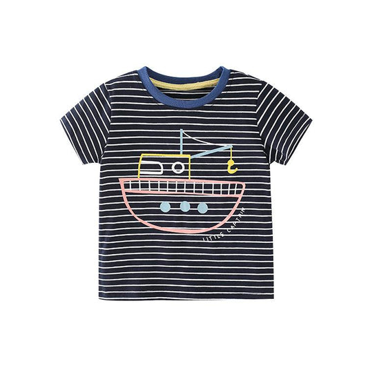 Children's handsome stripe cartoon cotton short sleeve round neck T-shirt