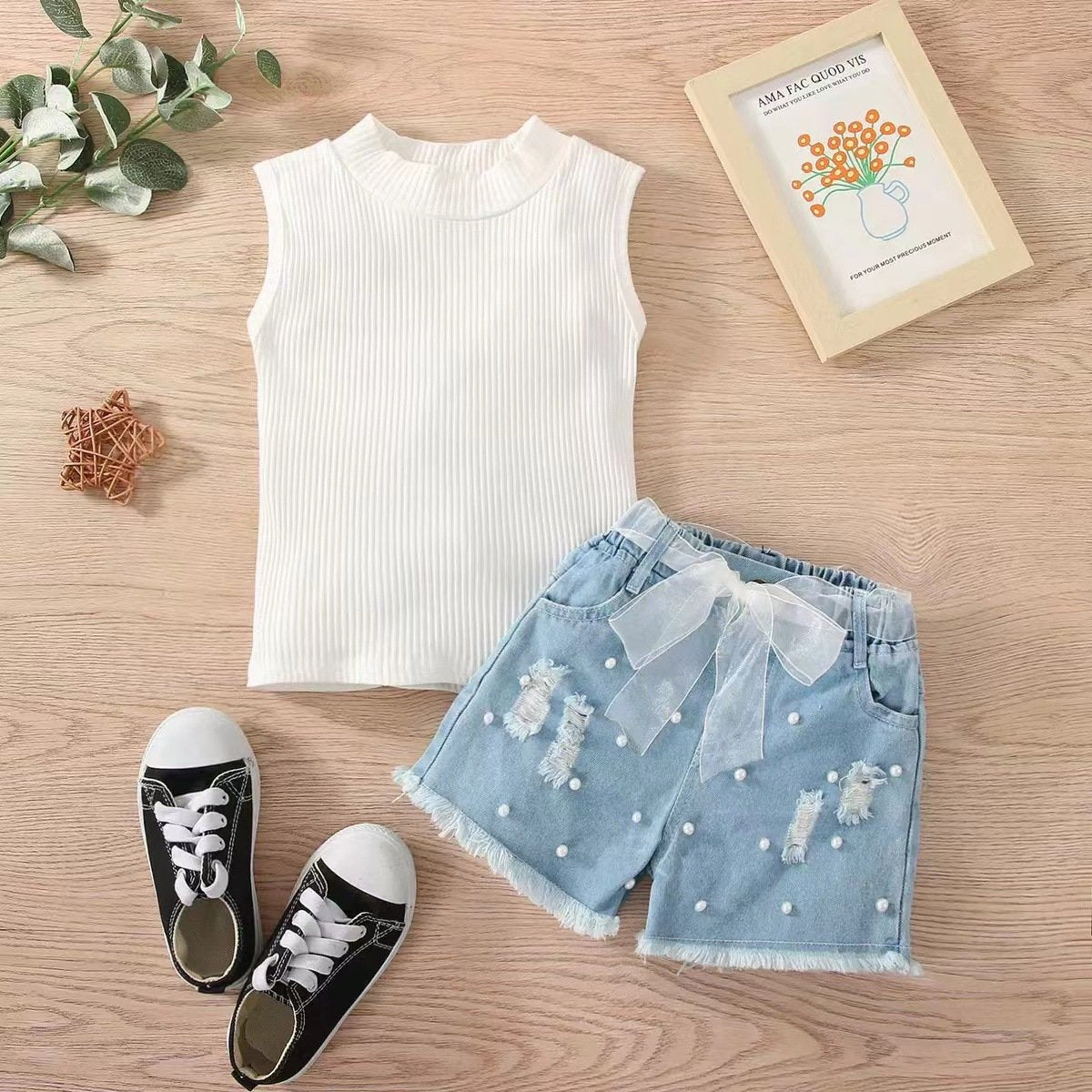 Sleeveless pit strip children's suit denim shorts two-piece set