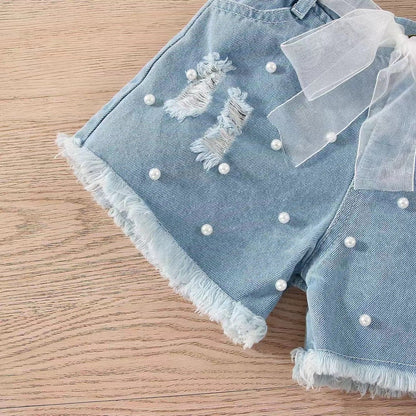 Sleeveless pit strip children's suit denim shorts two-piece set