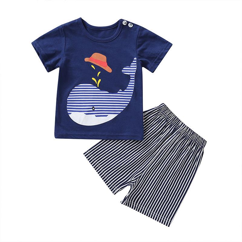 Boys' cartoon dolphin print T-shirt striped shorts two piece set