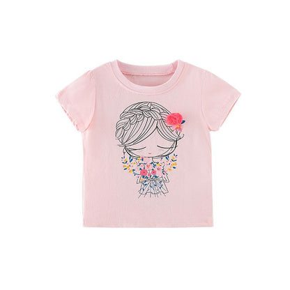 Girls' cartoon cotton short sleeve round neck