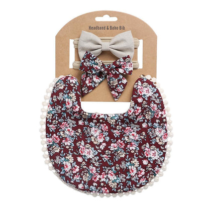 Linen Cotton Printed Baby Towel Bib Headband Set