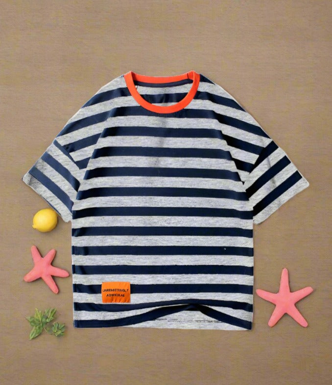 Knitted stripe label top children's short sleeve