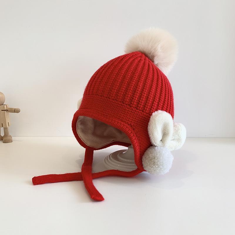 Solid Color Fuzz Ball Baby's Elastic Ear Protection Knit Hat
