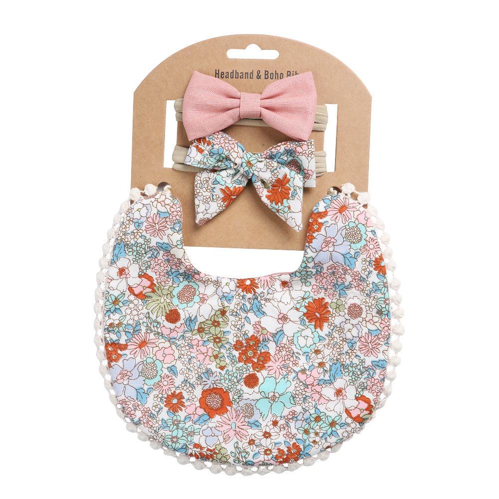 Linen Cotton Printed Baby Towel Bib Headband Set