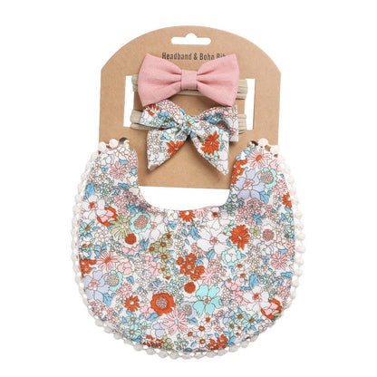 Linen Cotton Printed Baby Towel Bib Headband Set