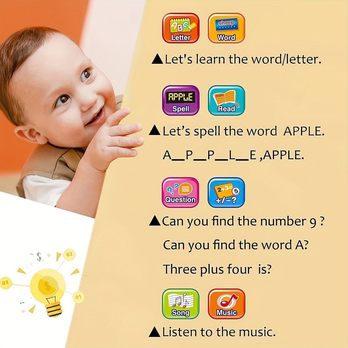Tablet Toddler Learning Pad With LED Screen, Teaching Alphabet Numbers Word Music Math Early Development Interactive Electronic Toy For Boys & Girls