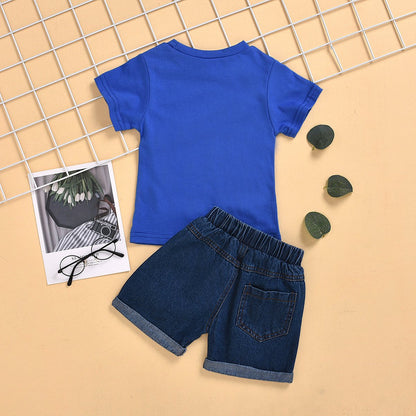 Boys' short sleeved denim hole shorts two-piece set