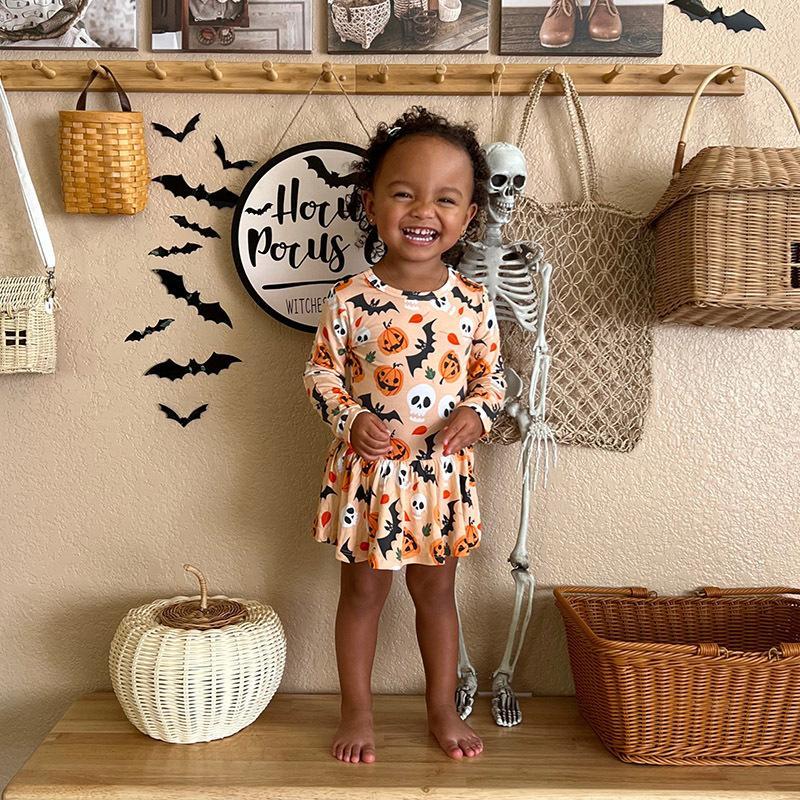 Children's Wear Long Sleeve Bat Pumpkin Halloween Dress