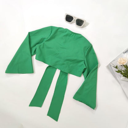 Bow Lace-up Solid Color Short Long Sleeve Top