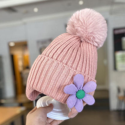 Children's Warm Thickened Knitted Flower Hat Scarf Suit