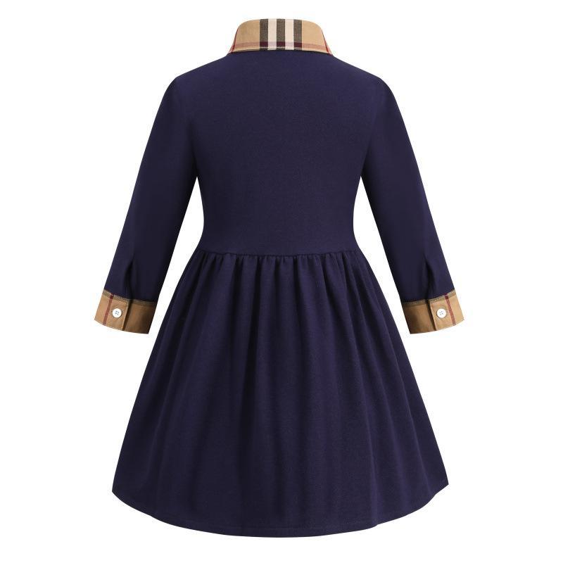 Children's Lapel Plaid Contrast Long Sleeve Cotton Dress
