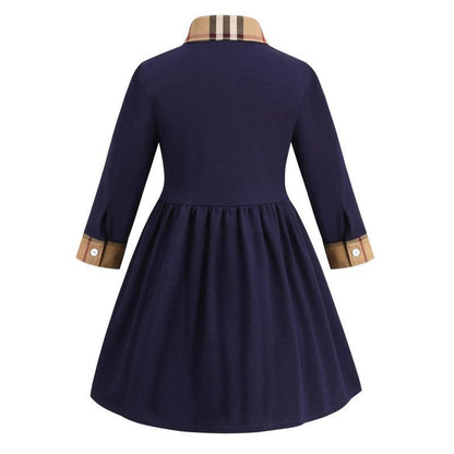 Children's Lapel Plaid Contrast Long Sleeve Cotton Dress