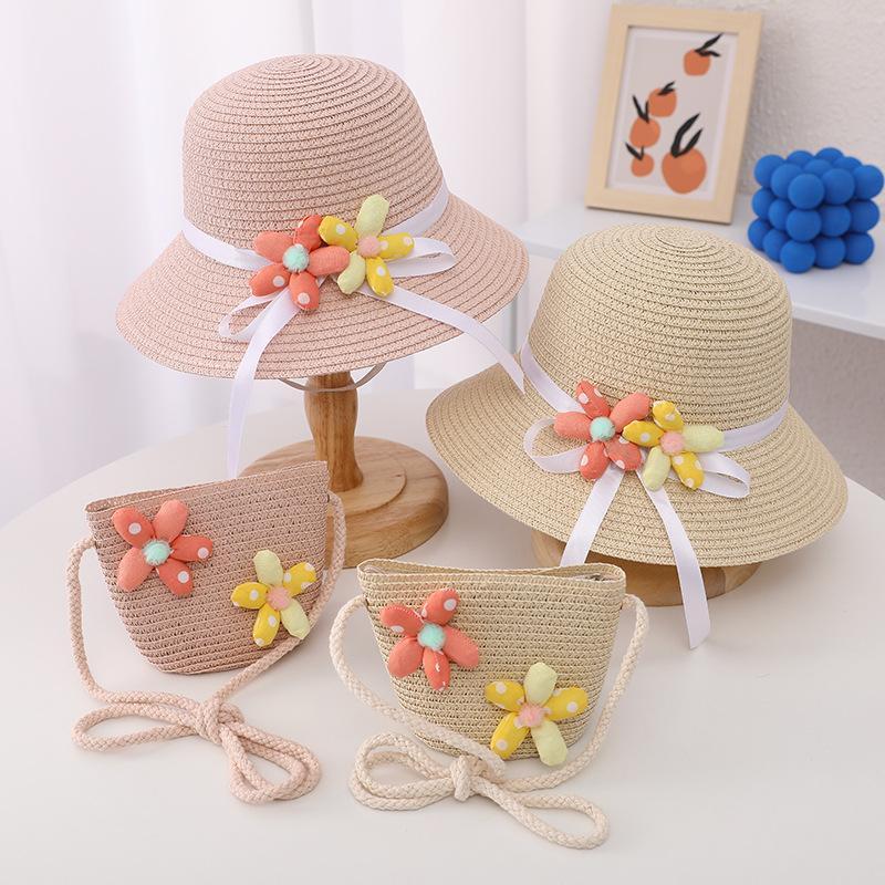 Trendy Flower Streamer Children's Straw Hat Bag Set