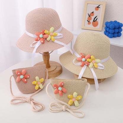 Trendy Flower Streamer Children's Straw Hat Bag Set