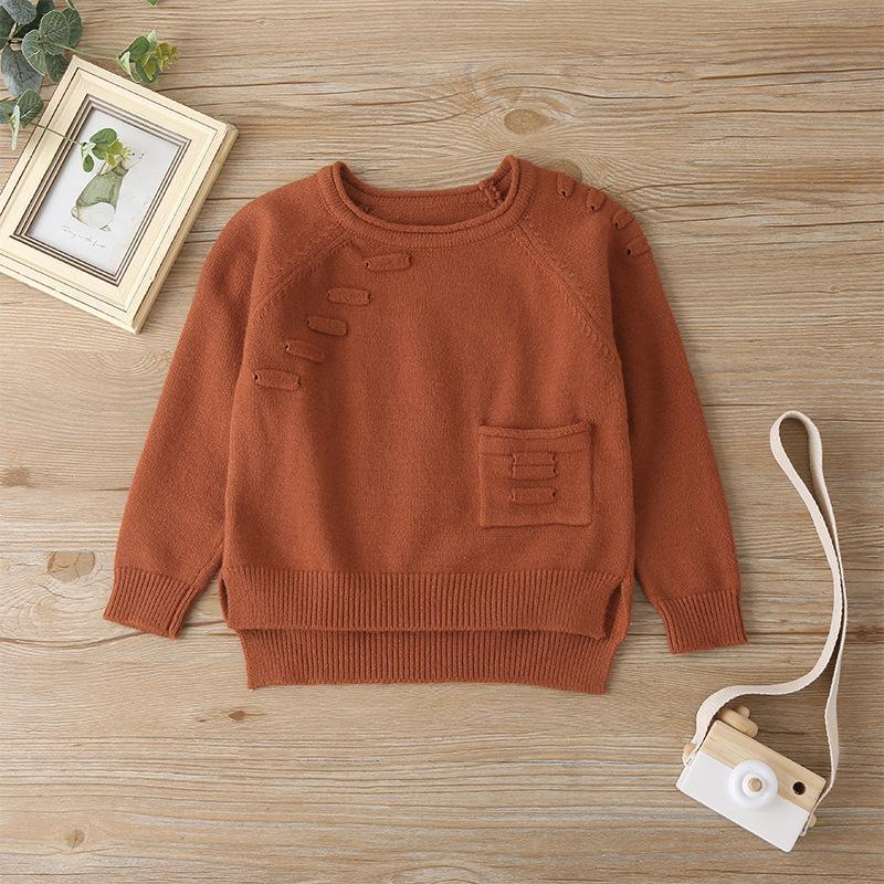 Children's Wear Solid Color Knit Pocket Sweater