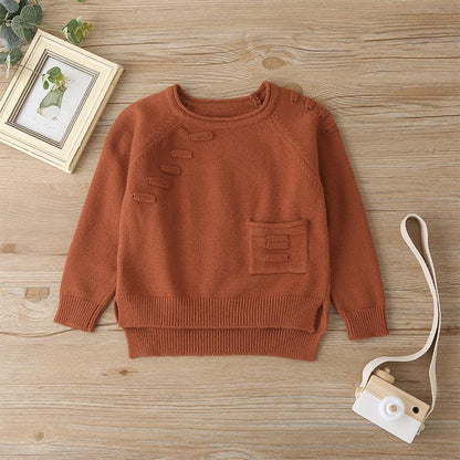 Children's Wear Solid Color Knit Pocket Sweater