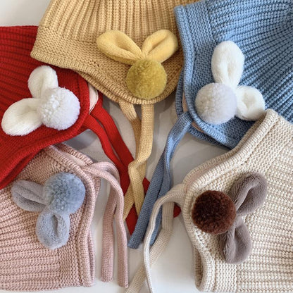 Solid Color Fuzz Ball Baby's Elastic Ear Protection Knit Hat