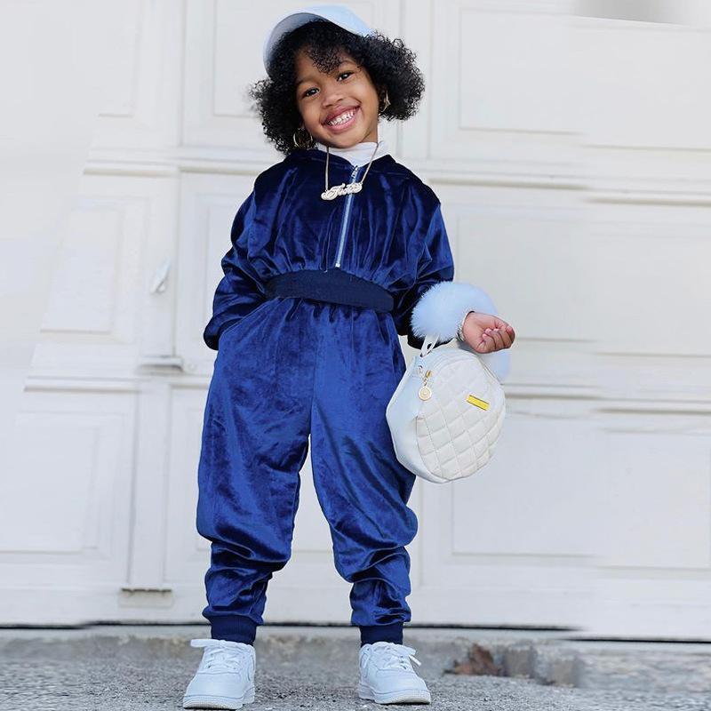 Girl's Gold Velvet Long Sleeve Jacket Jacket Two-Piece Set
