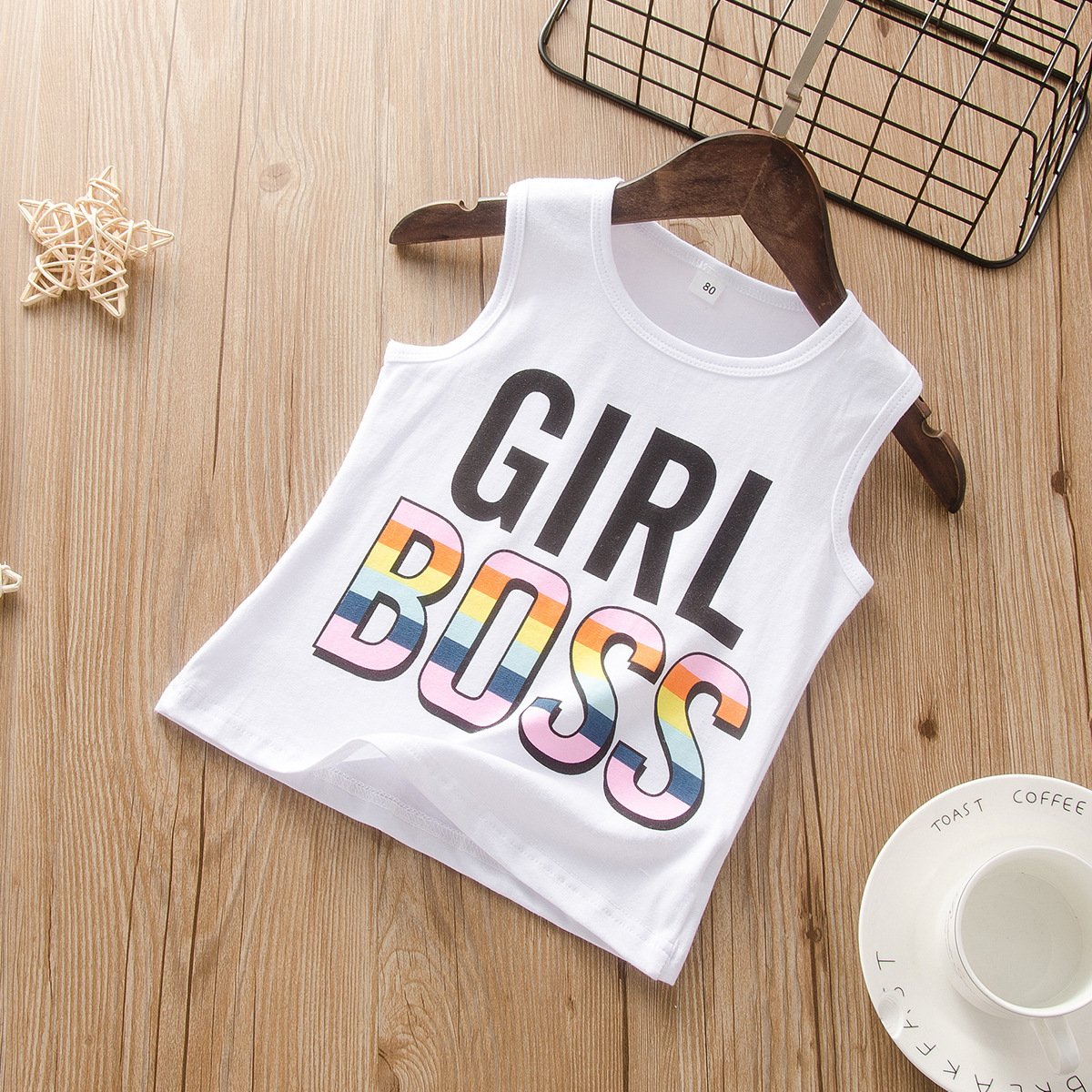 White lettered print vest with holes jeans two piece set